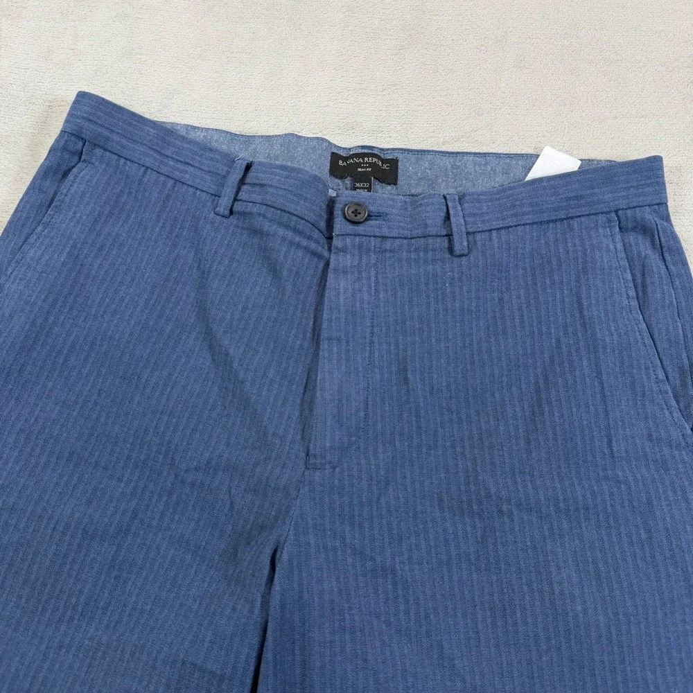 Banana Republic Mens 36x32 Slim Fit Blue Herringbone Stretch Chino Pants Casual